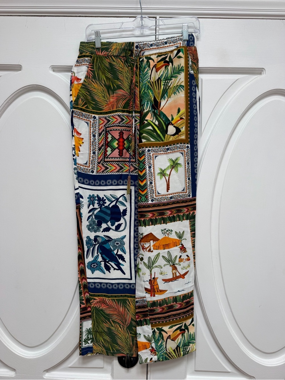 Farm Rio Tropical Patchwork Wide-Leg Pants in Green & Navy S